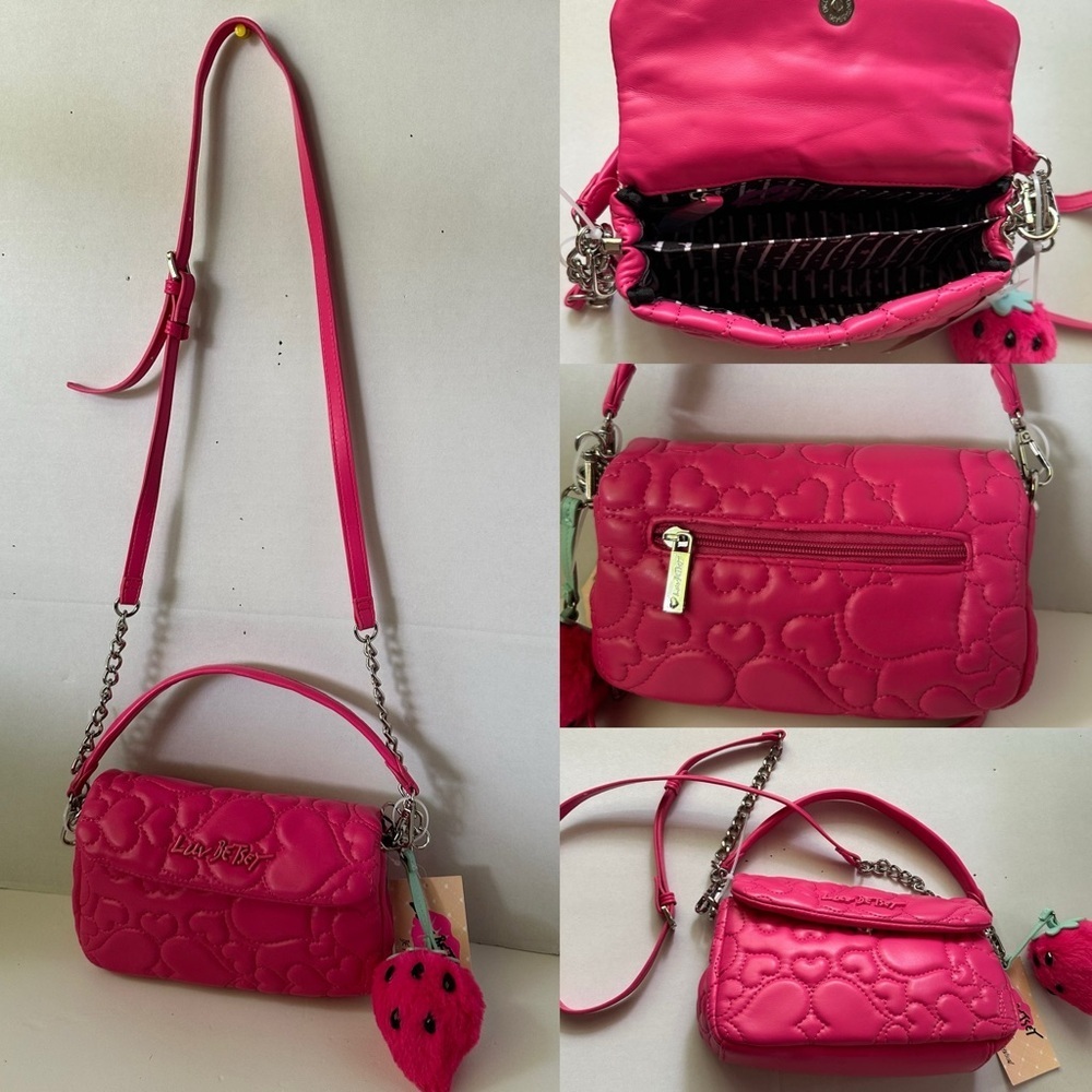 ✨ 💕RARE NWT Luv Betsey Johnson Hot Pink Quilted Heart Crossbody +🍓 Charm